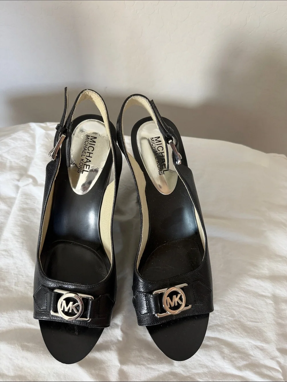 Michael Kors Black Open-Toe MK Logo Slingback Heels